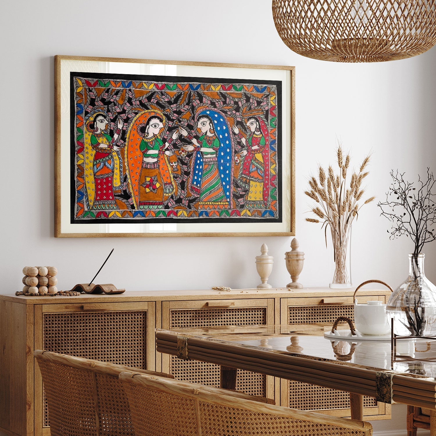 Radha with Gopis madhubani, Madhubani Art, Madhubani Painting