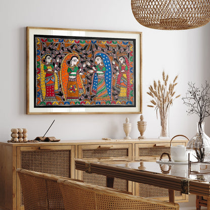 Radha with Gopis madhubani, Madhubani Art, Madhubani Painting