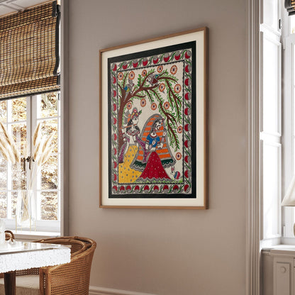 Krishna and Radha ji with flute, Madhubani Art, Madhubani Painting