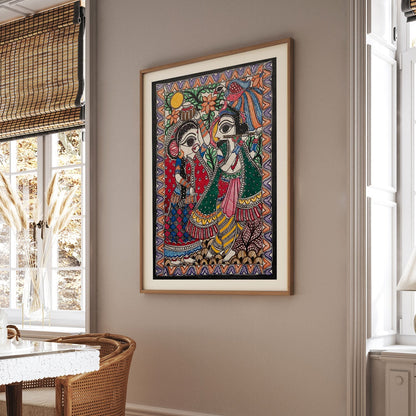 Radha Krishna milan Madhubani Art, Madhubani Art, Madhubani Painting