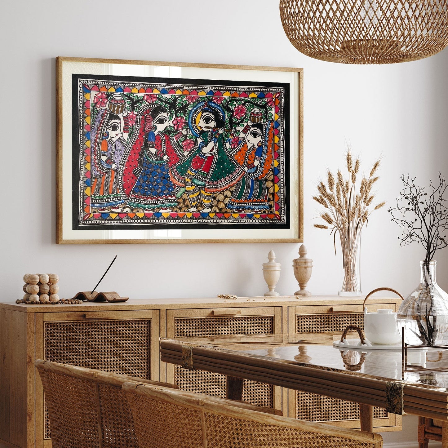 Krishna Dancing with Gopis, Madhubani Art, Madhubani Painting