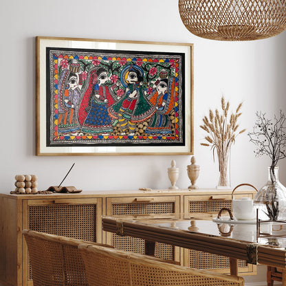 Krishna Dancing with Gopis, Madhubani Art, Madhubani Painting