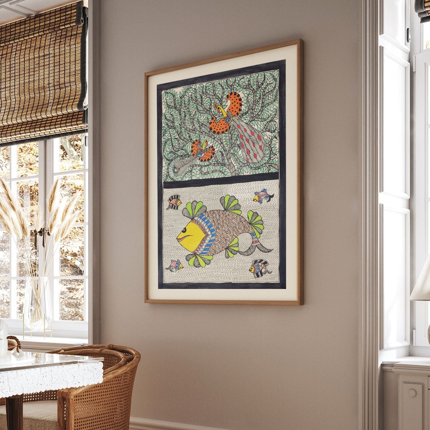 Peacock fish combination Madhubani Painting, Madhubani Art, Madhubani Painting