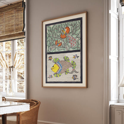 Peacock fish combination Madhubani Painting, Madhubani Art, Madhubani Painting