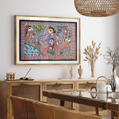 Radha krishna at the river coast, Madhubani Art, Madhubani Painting