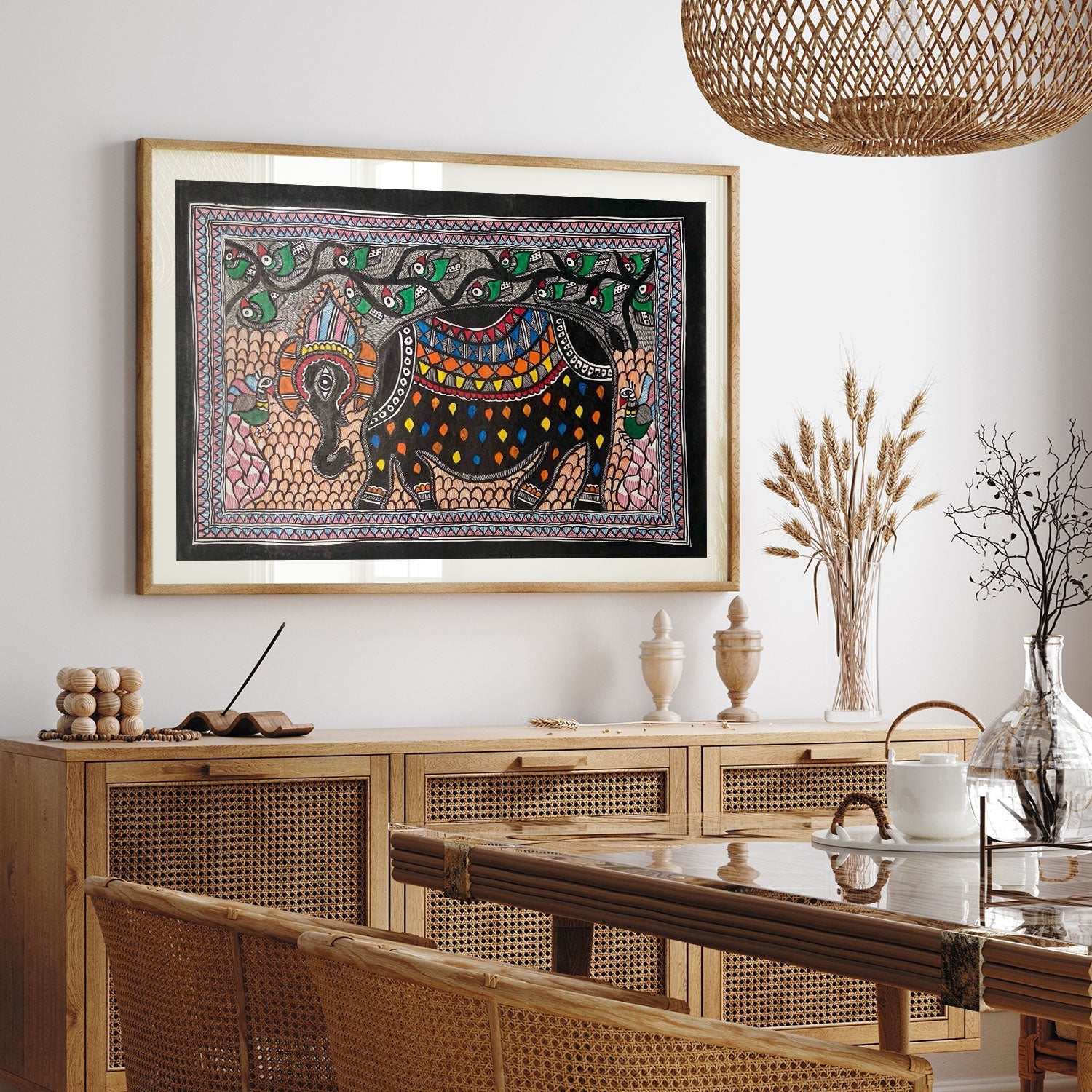 Elephant with Peacock , Madhubani Art, Madhubani Painting