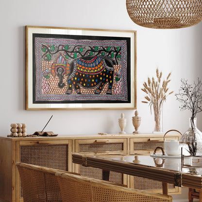 Elephant with Peacock , Madhubani Art, Madhubani Painting