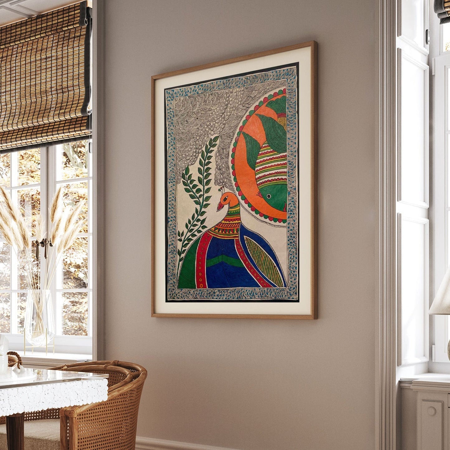 The Peacock with fish, Madhubani Art, Madhubani Painting