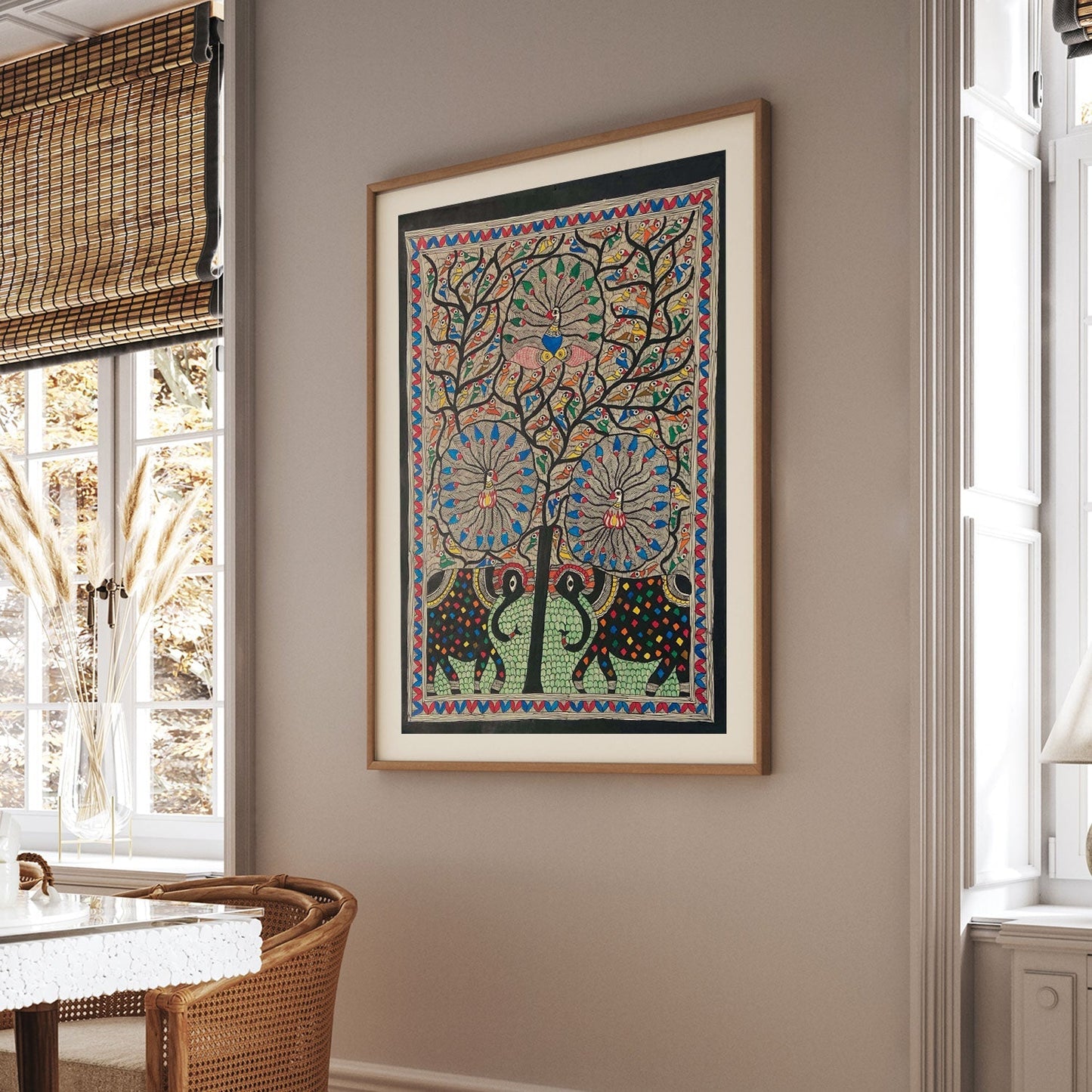 Madhubani Peacock with Elephant, Madhubani Art, Madhubani Painting