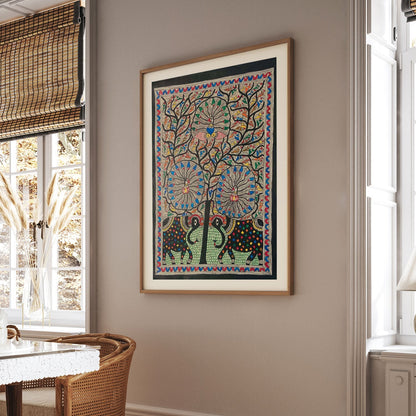 Madhubani Peacock with Elephant, Madhubani Art, Madhubani Painting
