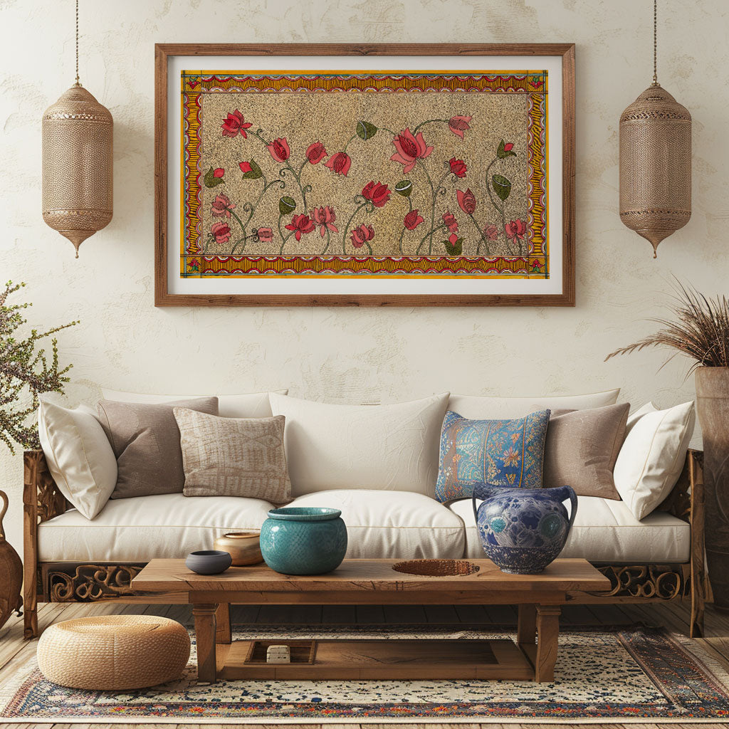 Madhubani Pink Lotus watercolor Artwork