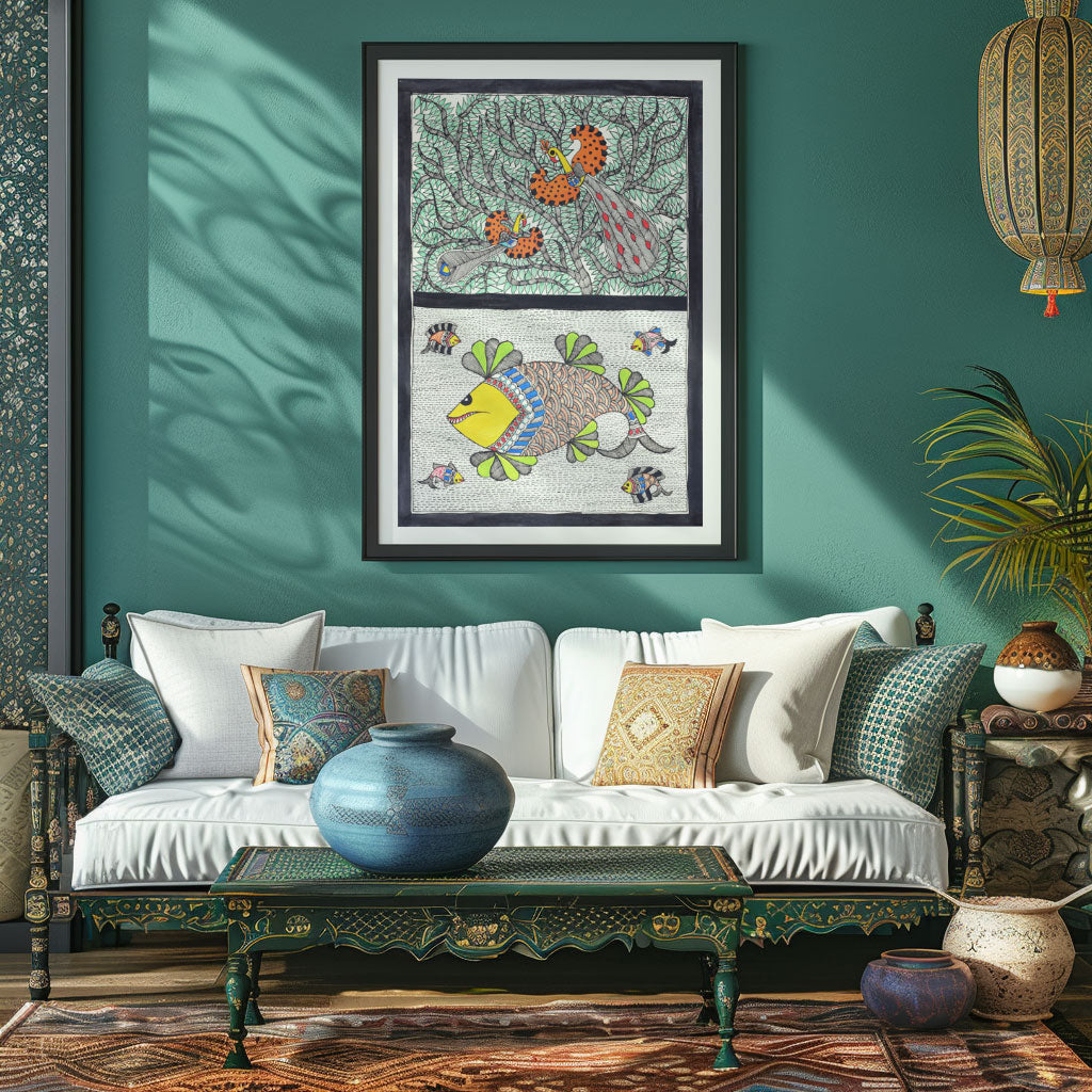 Peacock fish combination Madhubani Painting, Madhubani Art, Madhubani Painting