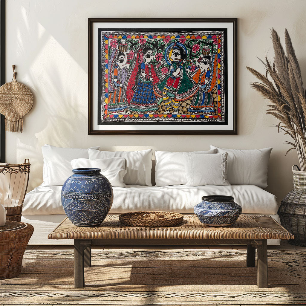 Krishna Dancing with Gopis, Madhubani Art, Madhubani Painting