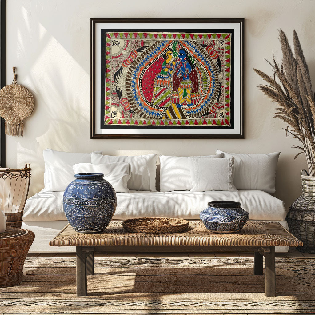 Krishna Radha Milan, Madhubani Art, Madhubani Painting