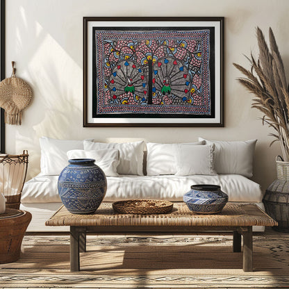 The Peacock in bageecha, Madhubani Art, Madhubani Painting