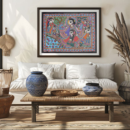 Radha krishna at the river coast, Madhubani Art, Madhubani Painting