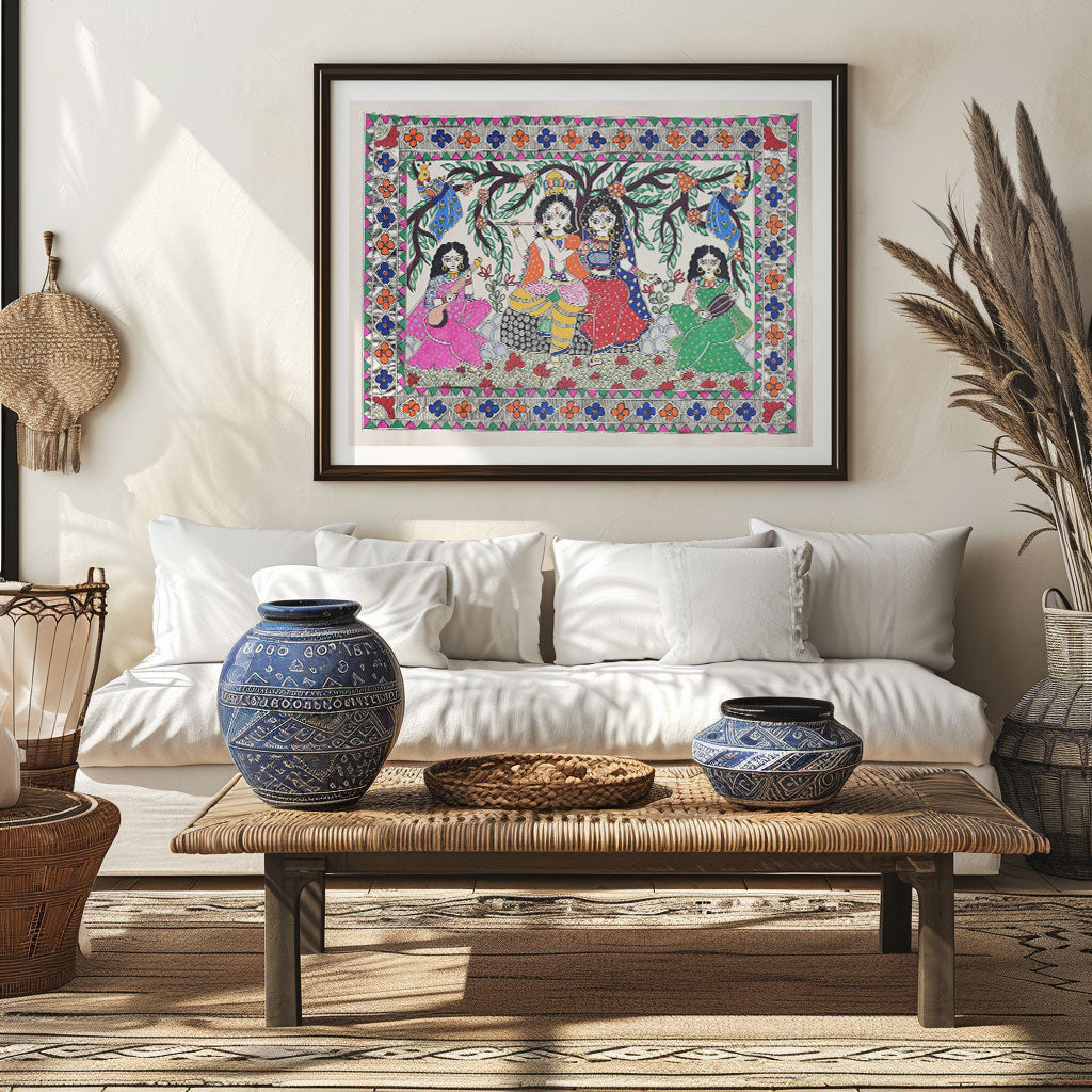 Radhakrishna with gopi, Madhubani Art, Madhubani Painting