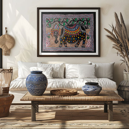 Elephant with Peacock , Madhubani Art, Madhubani Painting