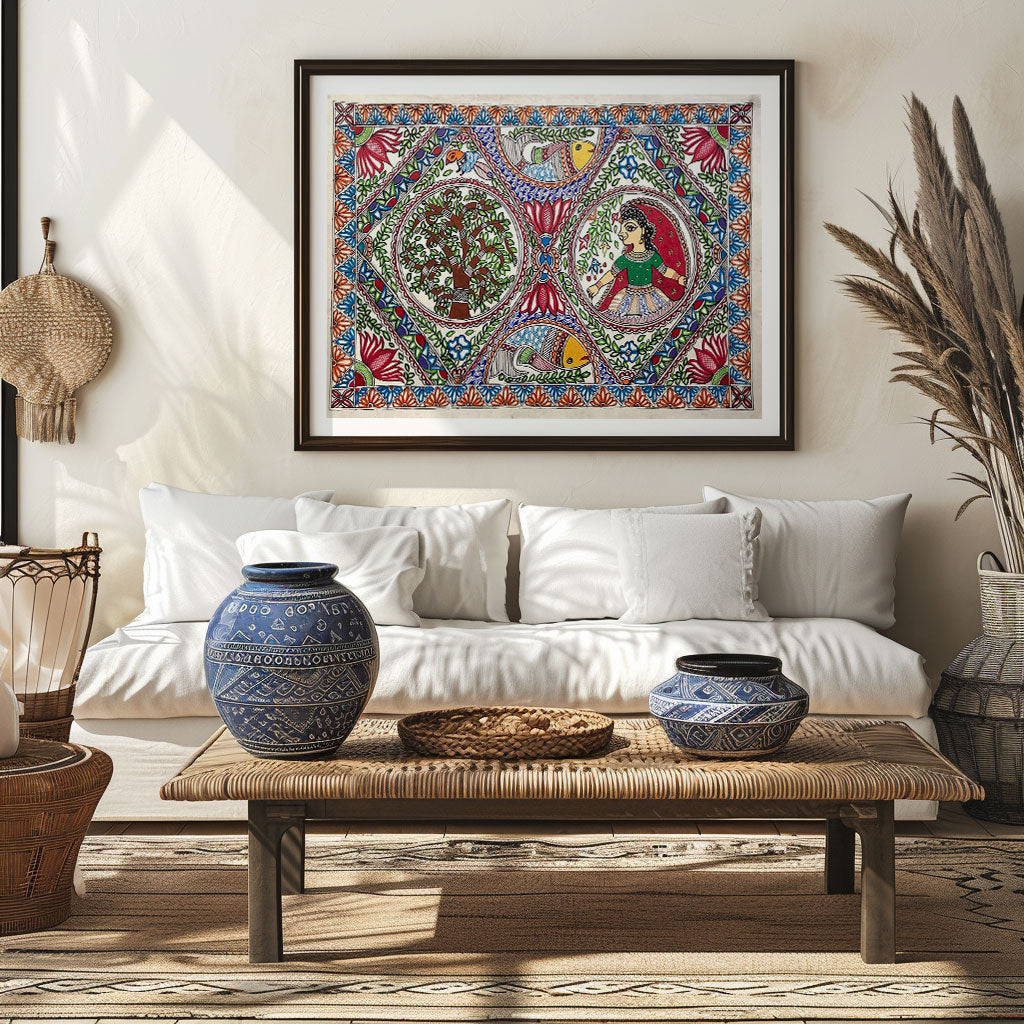 The Lady with fish and tree madhubani, Madhubani Art, Madhubani Painting