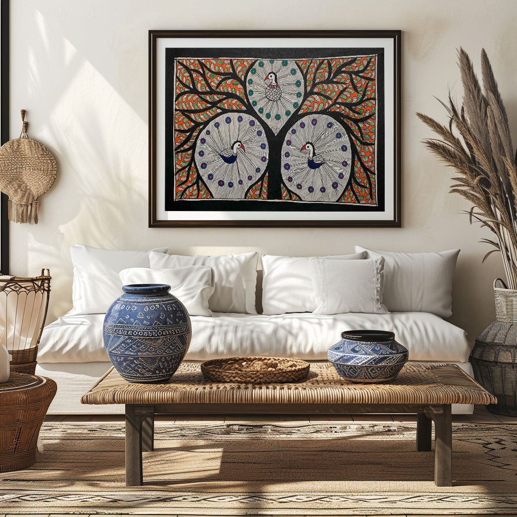 The Peacock with tree, Madhubani Art, Madhubani Painting