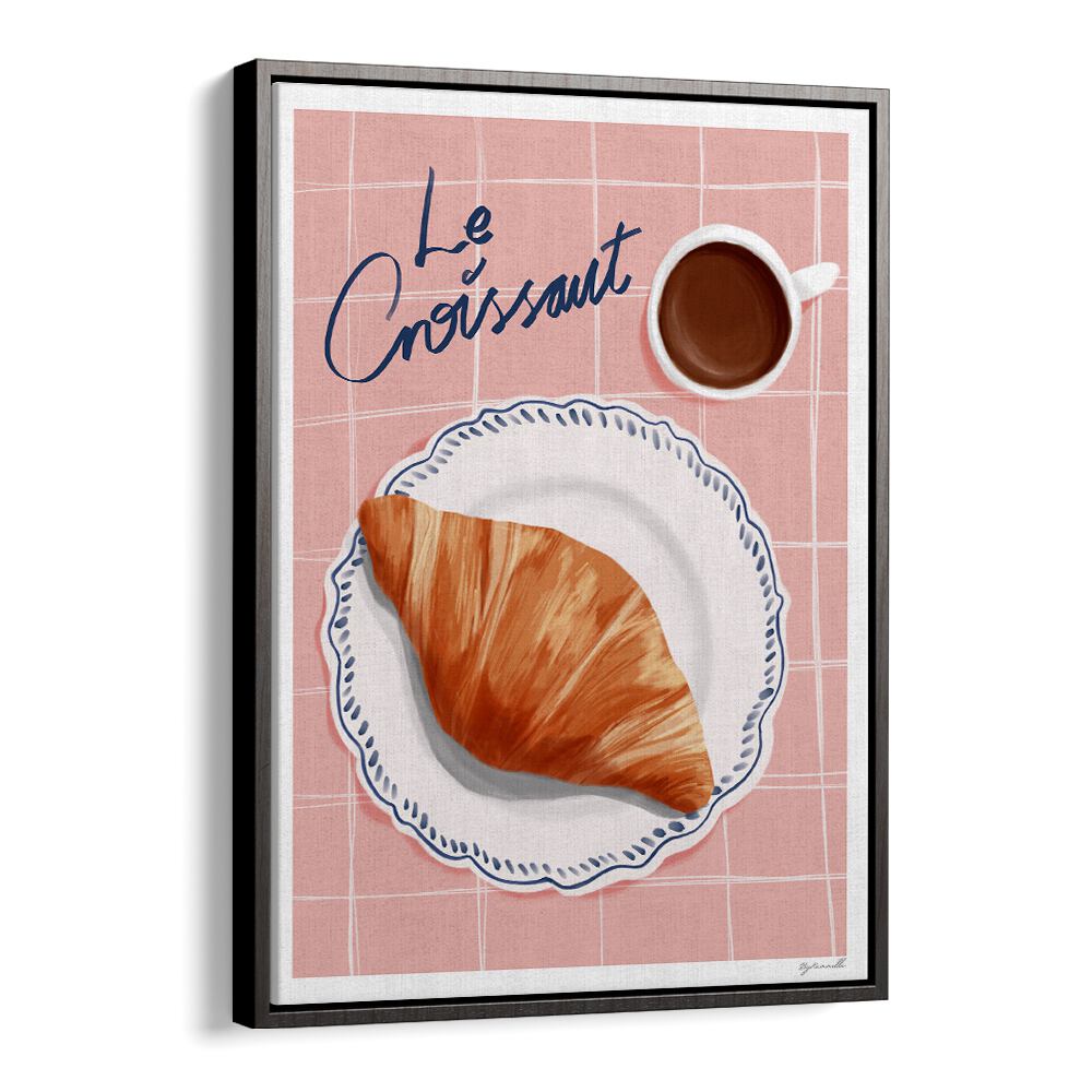 Stylish LE CROISSANT, BAR art print showcasing a croissant and coffee, perfect for café lovers' décor.