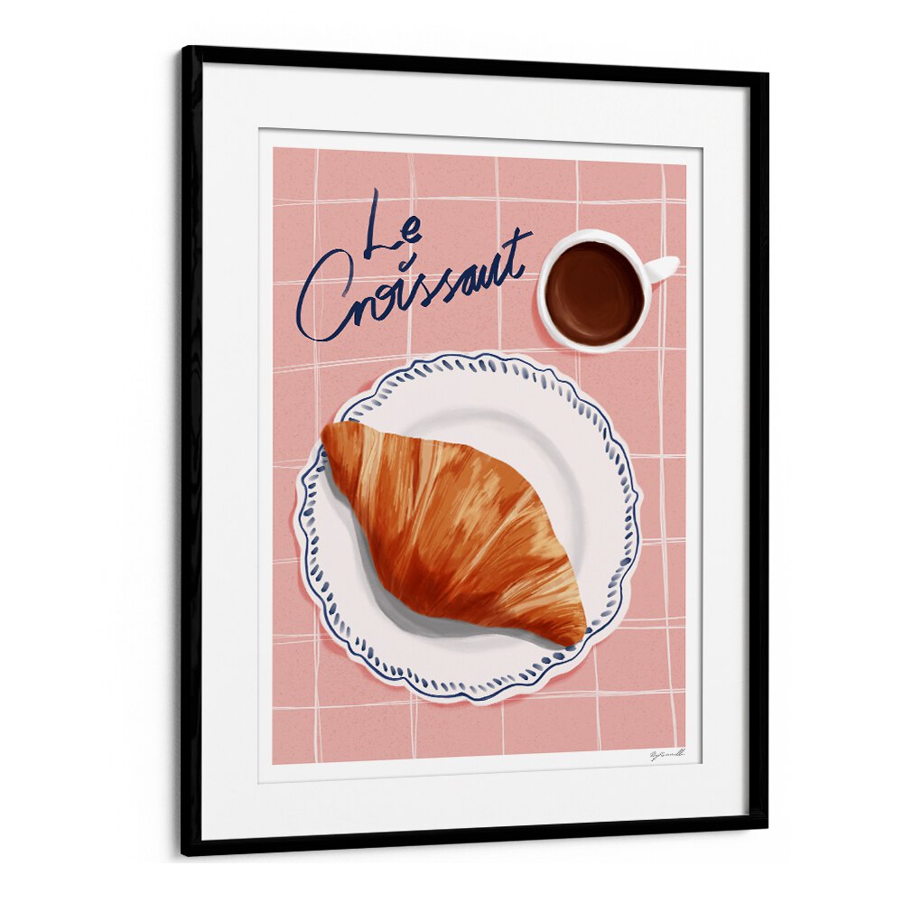 Stylish LE CROISSANT, BAR art print featuring a croissant and coffee, perfect for café lovers' decor.