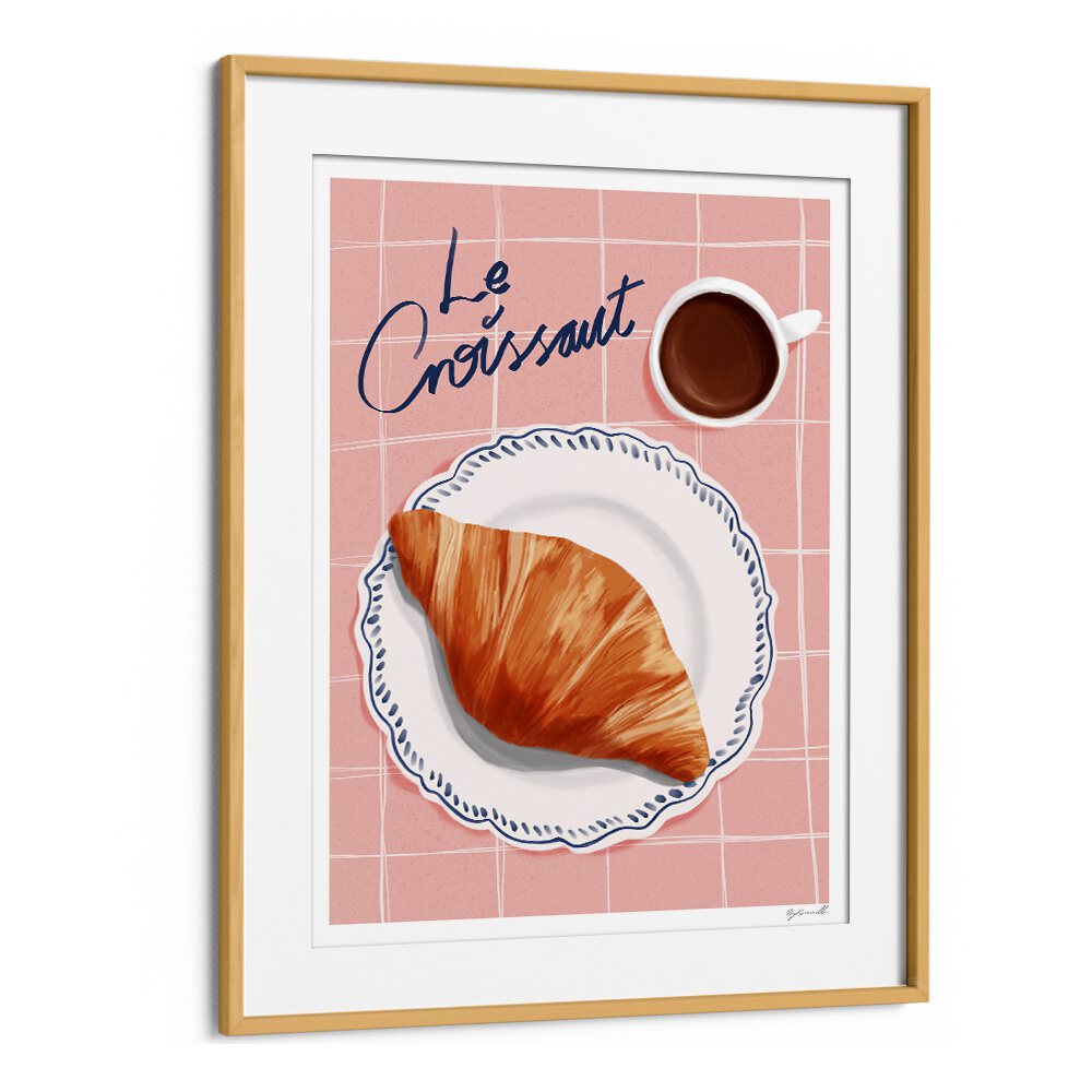 Stylish LE CROISSANT, BAR art print featuring a croissant and coffee, perfect for café lovers' decor.