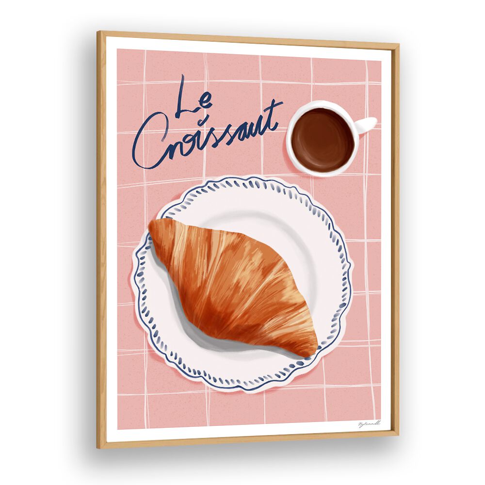 Decorate your space with LE CROISSANT, BAR art print, showcasing a croissant and coffee for café lovers.