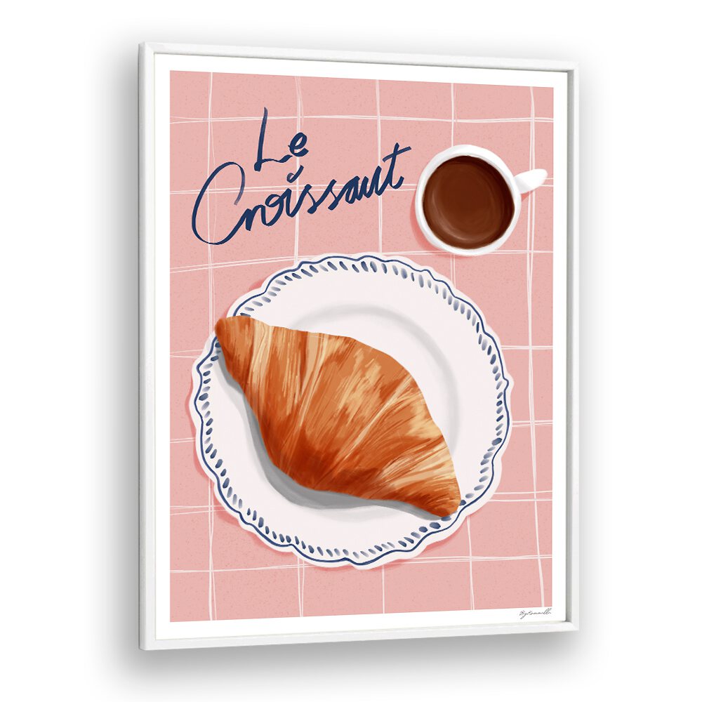 Cozy café ambiance captured in LE CROISSANT, BAR art print featuring a croissant and coffee cup on a pink background.