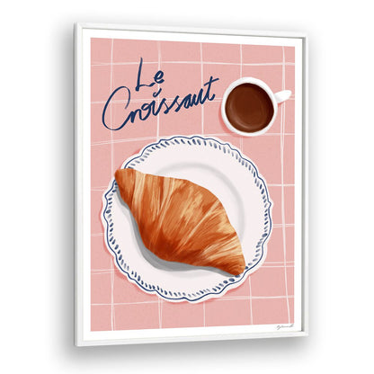 Cozy café ambiance captured in LE CROISSANT, BAR art print featuring a croissant and coffee cup on a pink background.