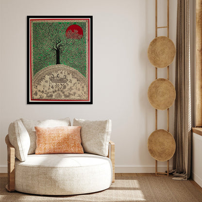 Life of Tree Hand-Painted Madhubani Painting, Framed Art