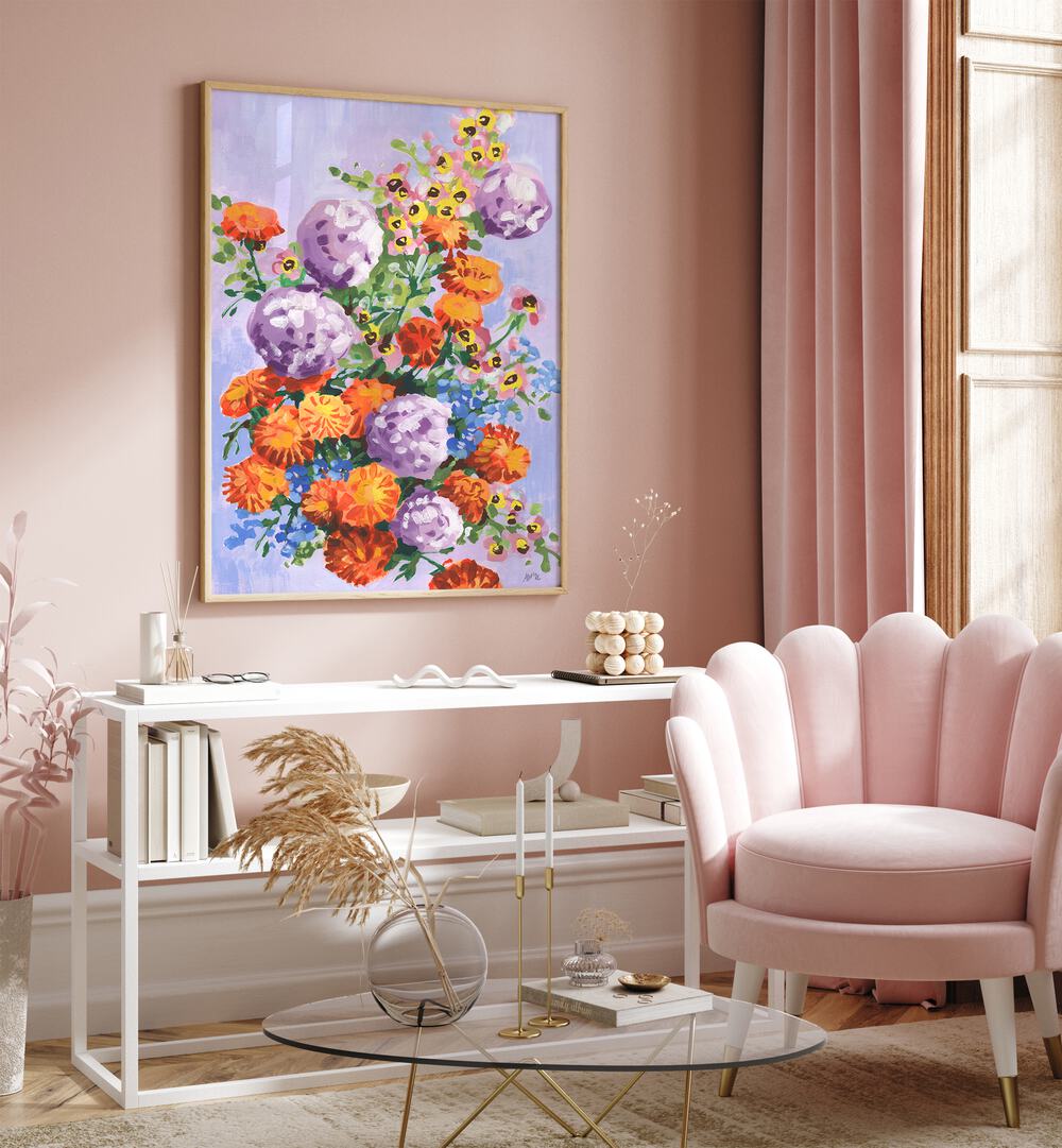 MARIGOLD AND HYDRANGEA , FLORAL FLOWER PAINTINGS
