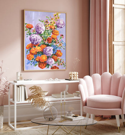 MARIGOLD AND HYDRANGEA , FLORAL FLOWER PAINTINGS