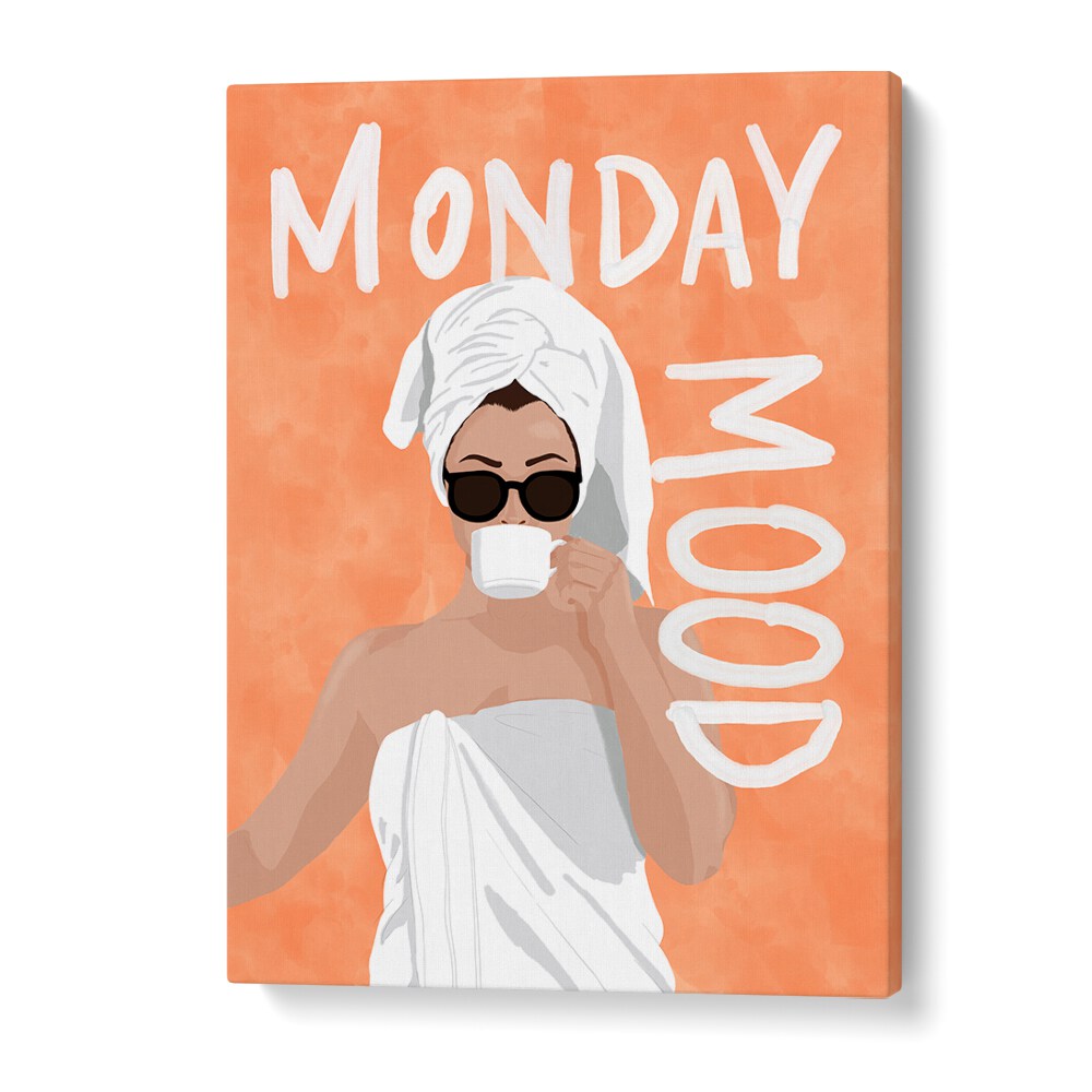 Vibrant MONDAY MOOD, PORTRAITS artwork featuring a woman enjoying coffee, perfect for elevating any space.