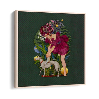 Whimsical artwork from ENCHANTED FOREST IX, PORTRAITS, featuring a floral-themed woman and her dog in a vibrant setting.
