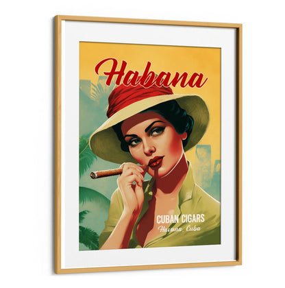 Vintage art featuring a woman enjoying HABANA - CUBAN CIGARS, BAR & CAFE, celebrating Cuba's rich cigar heritage.