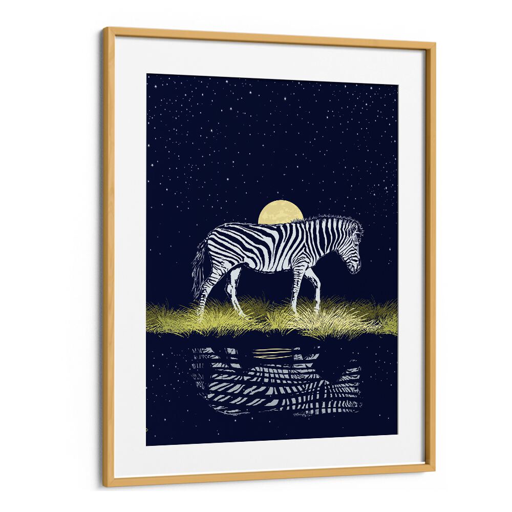 Stunning MOONRISING OVER ZEBRA, ANIMAL PAINTINGS showcases a zebra under a full moon, reflecting on still water.