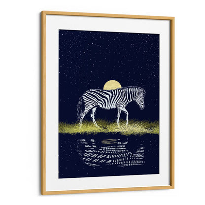 Stunning MOONRISING OVER ZEBRA, ANIMAL PAINTINGS showcases a zebra under a full moon, reflecting on still water.