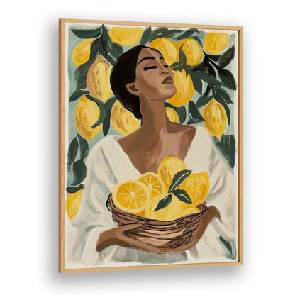 Radiant "LEMON TREE, PORTRAITS" art print showcasing a woman with lemons, perfect for adding Mediterranean charm.