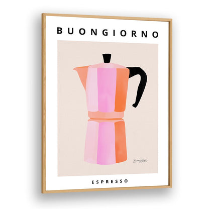 Stylish BUONGIORNO ESPRESSO, KITCHEN POSTERS featuring a colorful espresso maker, perfect for cozy kitchen décor.