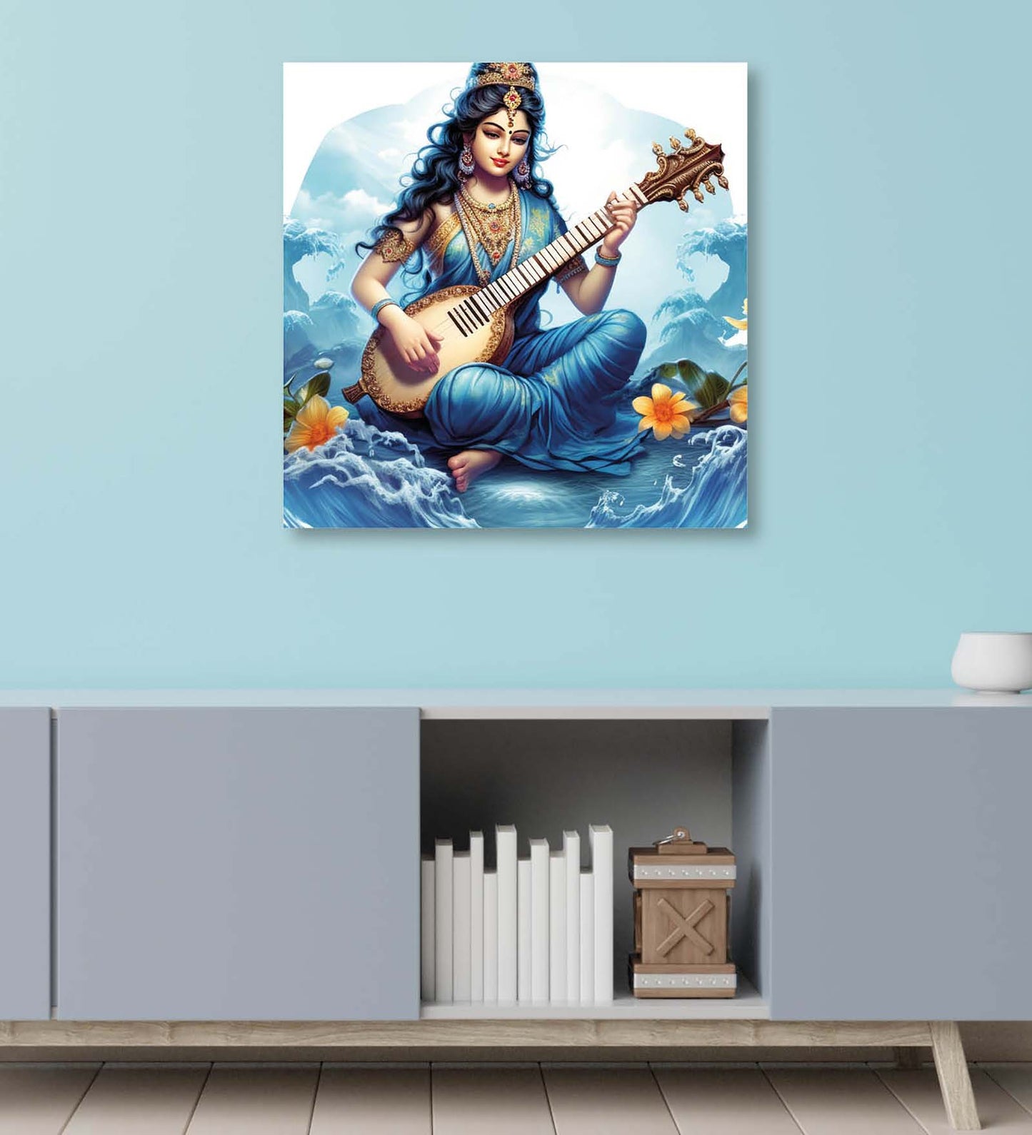Where Knowledge Meets Beauty: A Detailed Canvas Painting of Maa Saraswati in All Her Splendor