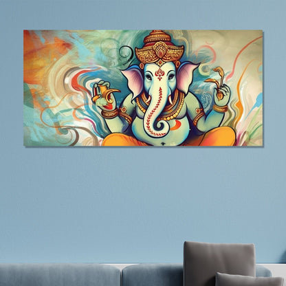 Vibrant Representation of Lord Ganesha Amidst Colorful Swirling Patterns