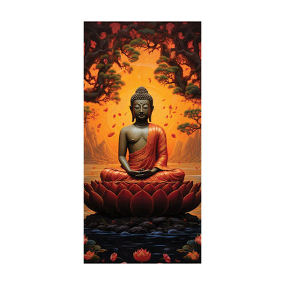 Buddha in Meditation Amidst a Fiery Sunset and Falling Leaves