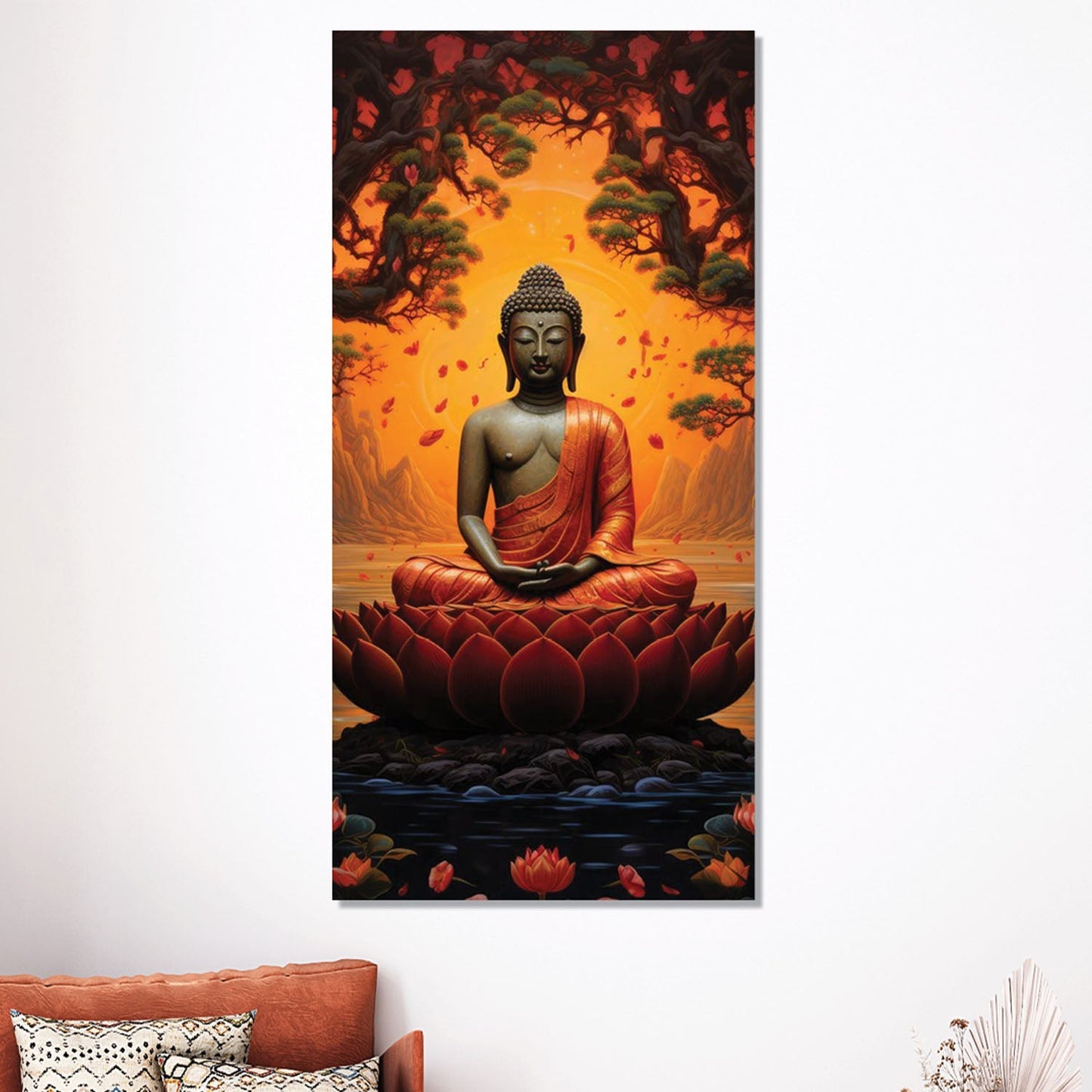 Buddha in Meditation Amidst a Fiery Sunset and Falling Leaves