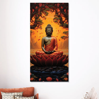 Buddha in Meditation Amidst a Fiery Sunset and Falling Leaves