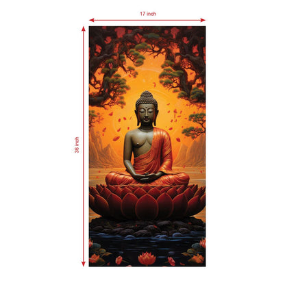 Buddha in Meditation Amidst a Fiery Sunset and Falling Leaves