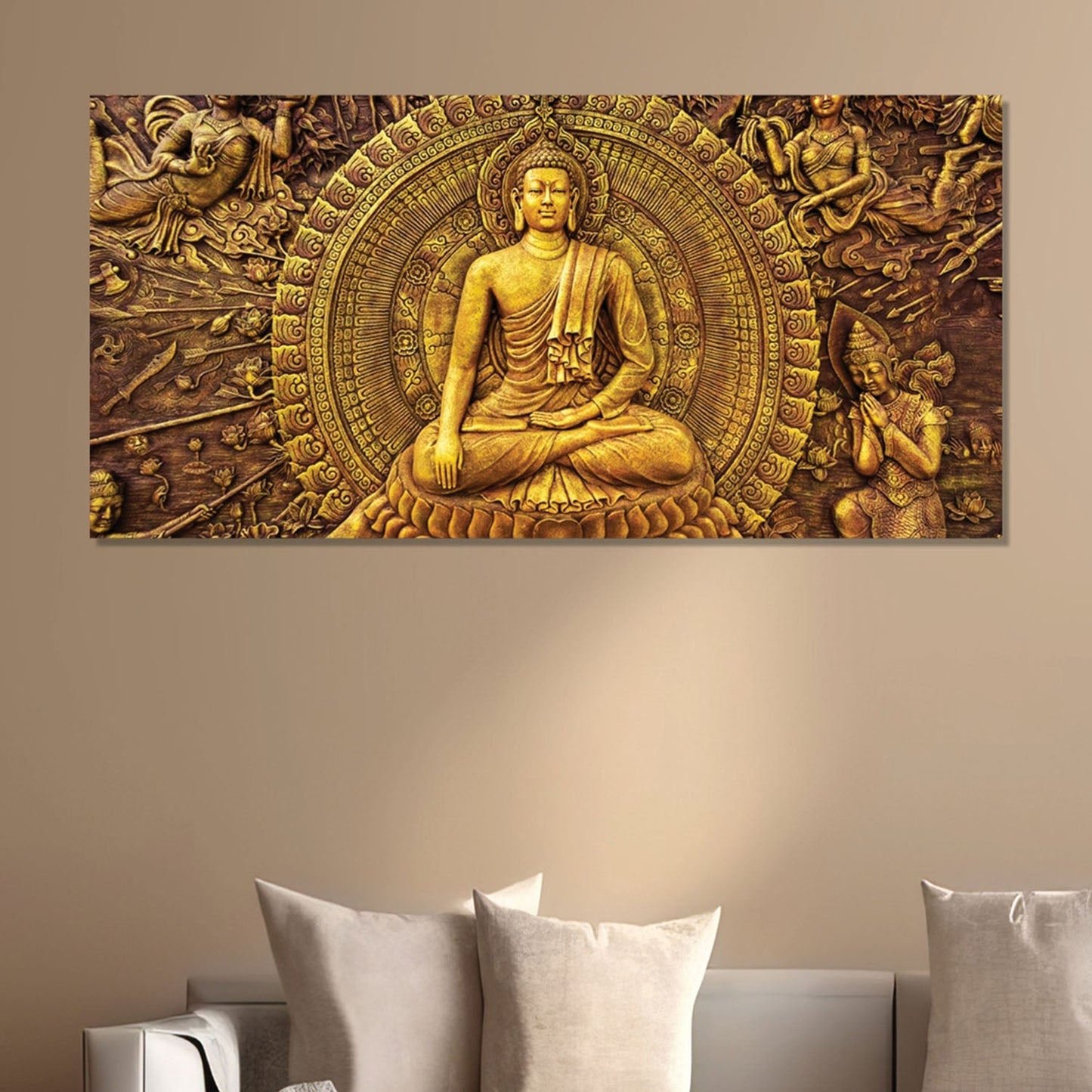 Golden Buddha Surrounded by Intricate Carvings of Celestial Beings