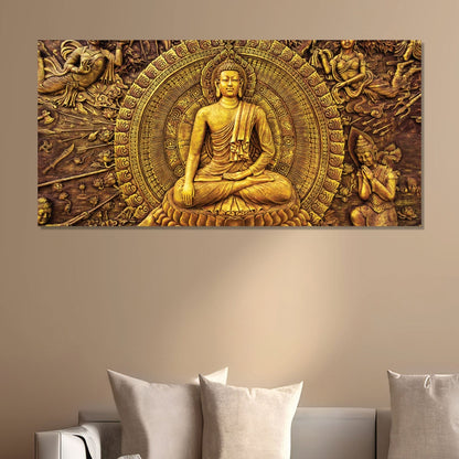 Golden Buddha Surrounded by Intricate Carvings of Celestial Beings