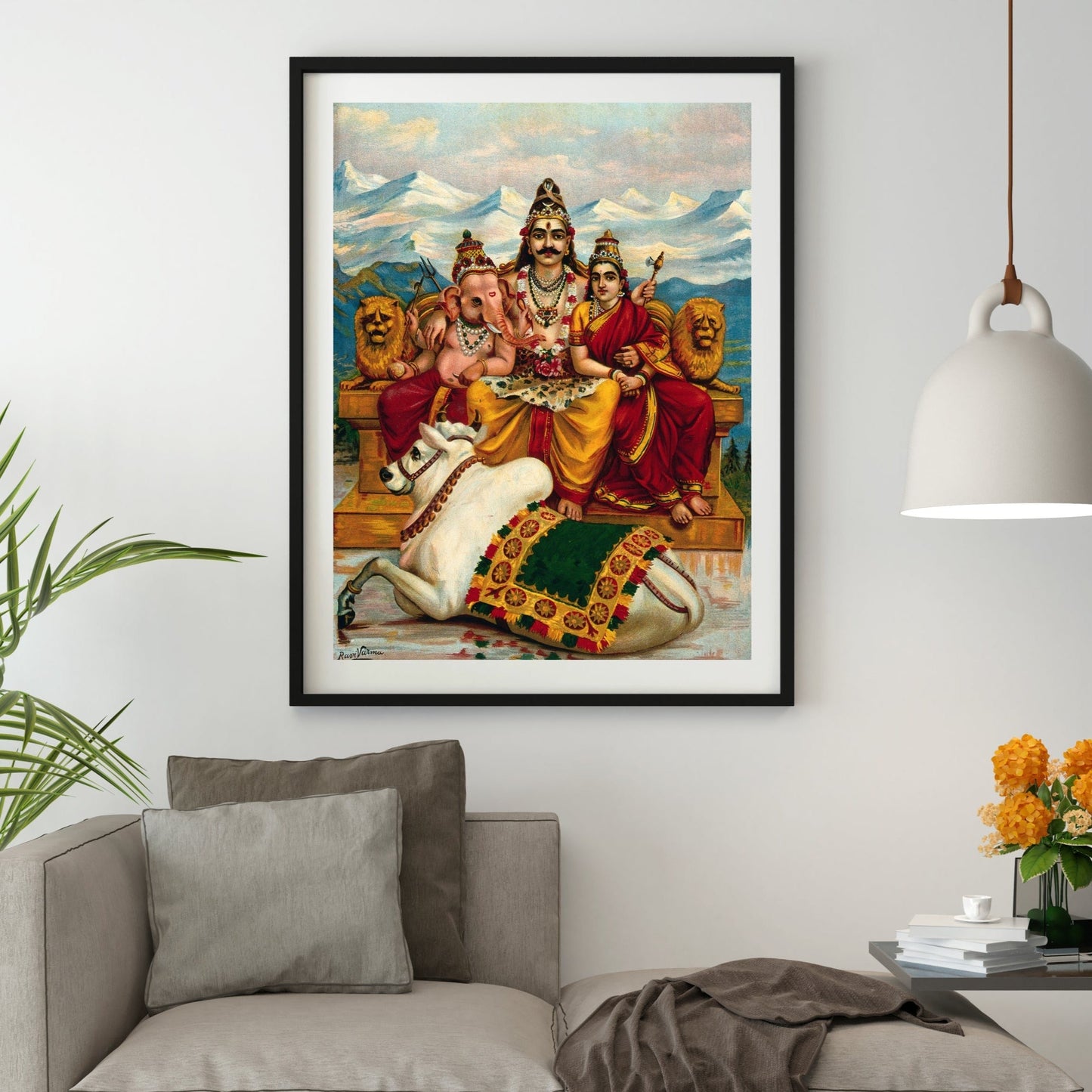 Shiva, Parvati and Ganesha enthroned on Mount Kailas by Raja Ravi Varma Wall Art Print