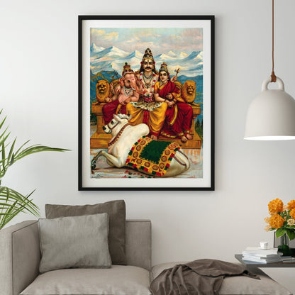 Shiva, Parvati and Ganesha enthroned on Mount Kailas by Raja Ravi Varma Wall Art Print